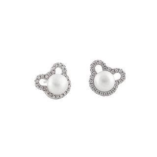 Sterling Silver Simple And Cute Bear Freshwater Pearl Stud Earrings With Cubic Zirconia Silver - One Size