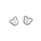 Sterling Silver Simple And Cute Bear Freshwater Pearl Stud Earrings With Cubic Zirconia Silver - One Size