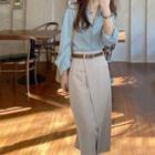 Set: Long Sleeve Plain Shirt + High Waist Midi Pencil Skirt
