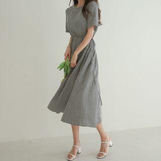 Drawcord-waist Maxi Gingham Dress Black - One Size