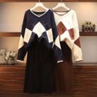 Set: Argyle Pattern Sweater + A-line Knit Skirt