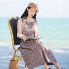 Lace Trim Chiffon Blouse / Plaid Midi Pinafore Dress
