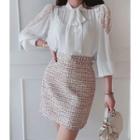 Tie-neck Lace-trim Pintuck Blouse White - One Size