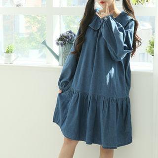 Round-collar Ruffled Denim Dress