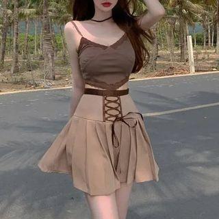 Lace Trim Cropped Camisole Top / Lace Up Mini Pleated Skirt / Set