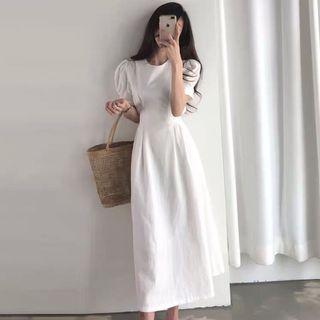 Crew-neck Puff-sleeve Midi A-line Dress