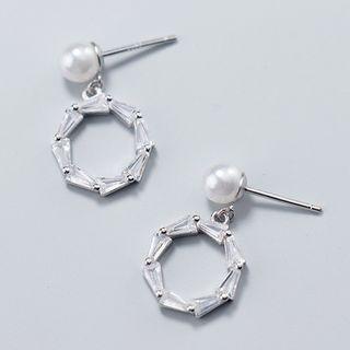 925 Sterling Silver Faux Pearl Mini Hoop Dangle Earring