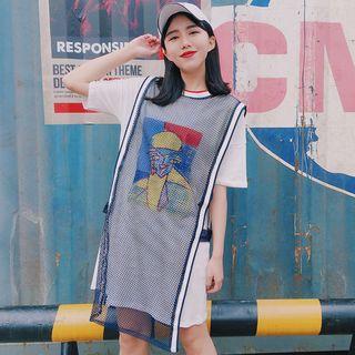 Set: Print T-shirt Dress + Sleeveless Mesh Top