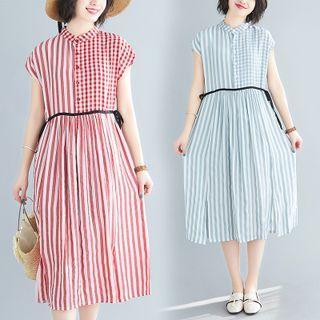 Cap-sleeve Striped Midi Shift Dress