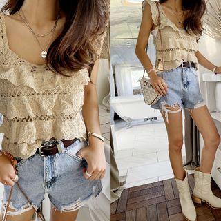 Square-neck Ruffle-trim Crocket Top Light Beige - One Size