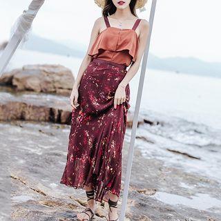 Set: Flounced Camisole Top + Printed Midi Chiffon Skirt