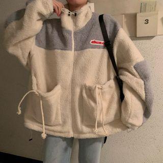 Two Tone Fleece Zip-up Jacket Off-white & Gray - One Size