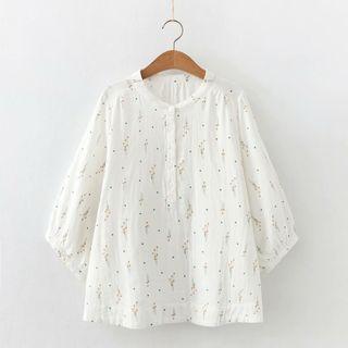 3/4-sleeve Floral Print Henley Blouse White - One Size