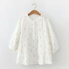 3/4-sleeve Floral Print Henley Blouse White - One Size