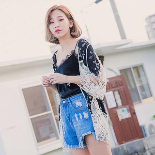 Long-sleeve Crochet Lace Panel Cover-up Black - One Size