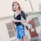 Long-sleeve Crochet Lace Panel Cover-up Black - One Size