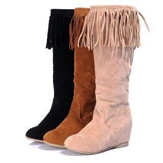 Wedge Fringed Long Boots