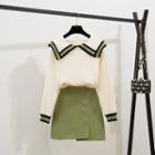 Striped Collar Sweater / Faux-leather A-line Skirt / Set