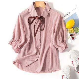3/4-sleeve Frill Trim Ribbon Shirt