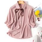 3/4-sleeve Frill Trim Ribbon Shirt