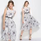 Sleeveless Gather-waist Patterned Midi Dress
