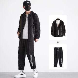 Set: Lettering Shirt + Drawstring-cuff Wide-leg Pants