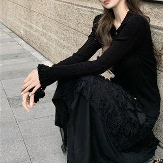 Frilled Slim-fit Cardigan / Irregular Midi Skirt