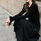 Frilled Slim-fit Cardigan / Irregular Midi Skirt
