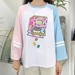 Long-sleeve Contrast Panel Printed T-shirt