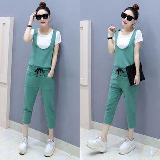 Set: Plain Short Sleeve T-shirt + Plain Cropped Pinafore Jumpsuit