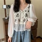 Long-sleeve V-neck Chiffon Panel Perforated Daisy Embroidered Loose Fit Knit Top