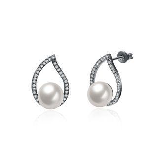 Elegant Leaf Pearl Earrings And Ear Studs With Austrian Element Crystal Black - One Size