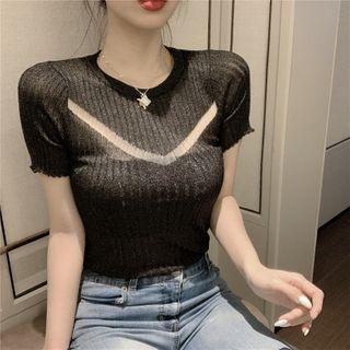 Short-sleeve Glitter Cropped Ribbed Knit Top