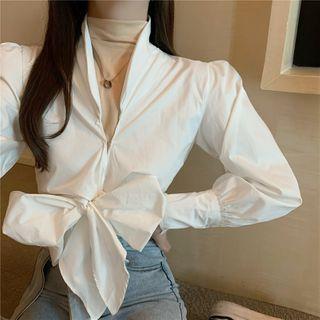 Ribbon Cropped Blouse / Mock-turtleneck Long-sleeve Top