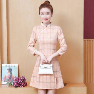 Plaid Mandarin Collar 3/4-sleeve A-line Dress