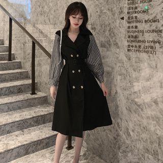 Double-breasted Plaid Panel A-line Dress