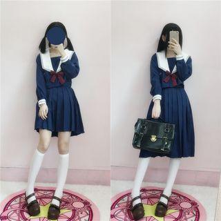 Long-sleeve Bow-accent Top/pleated Skirt