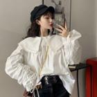 Plain Peter-pan Collar Single-breasted Loose-fit Puff-sleeve Blouse