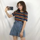 Striped Sleeveless Knit Top / Short-sleeve Knit Top / Denim Jumper Shorts