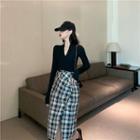 Long-sleeve T-shirt / Plaid Crinkled Buttoned Midi Skirt