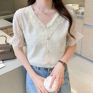 Faux Pearl Button V-neck Chiffon Blouse