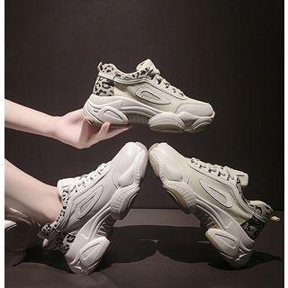 Leopard Print Mesh Panel Platform Lace Up Sneakers