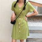 Short-sleeve Buttoned A-line Dress Green - One Size