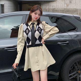 Long-sleeve Mock Two-piece Mini Shirtdress / Tie