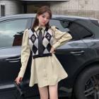 Long-sleeve Mock Two-piece Mini Shirtdress / Tie
