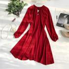 Long-sleeve Keyhole-front A-line Dress Red - One Size
