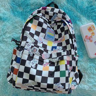 Bear Print Checkered Backpack