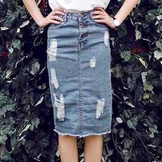 Distressed Denim Midi Skirt