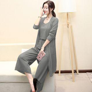 Set: Long Jacket + Plain Camisole Top + Wide Leg Pants
