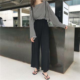 Striped Loose-fit Bell-sleeve T-shirt / Plain High-waist Jumper Pants